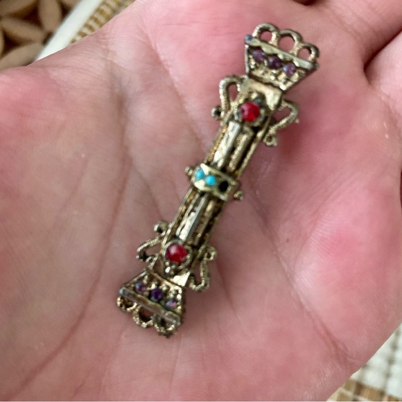 VINTAGE BAR PIN BROOCH SEED BEADS GEMSTONES JEWELRY LAPEL PIN - Picture 6 of 9